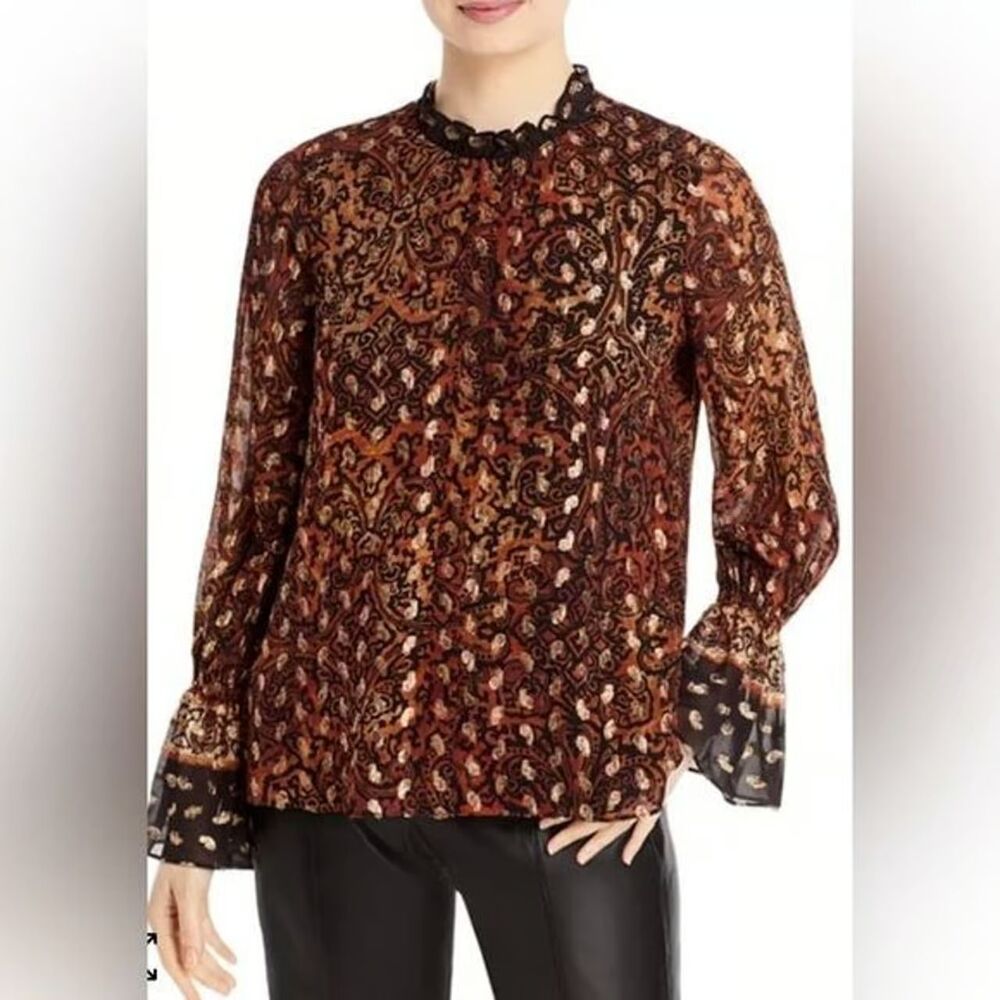 Kobi Halperin Women Dayna Metallic Paisley Gold Brown Ruffle Blouse Size M